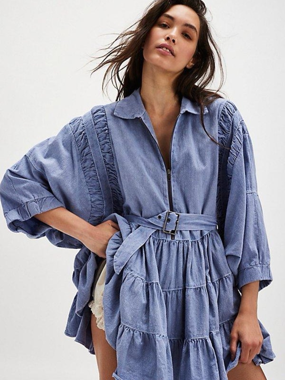 Free People Dusty Blue Tiered Shirtdress with Belt